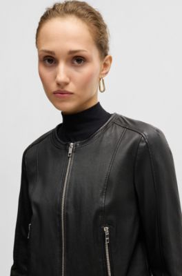 Collarless leather jacket in a slim fit, Black