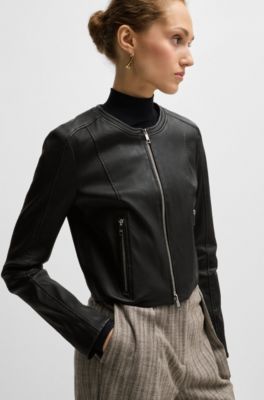Collarless leather jacket in a slim fit, Black