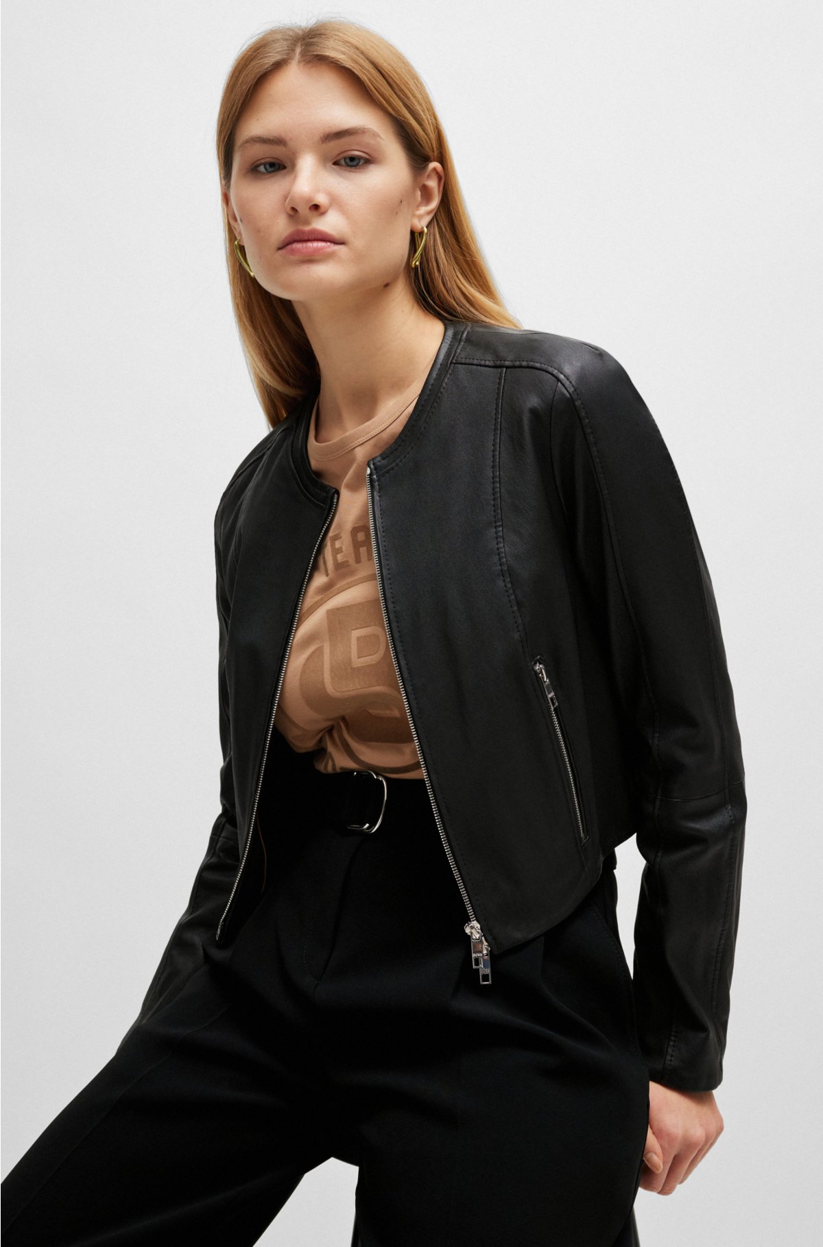 BOSS - Collarless leather jacket in a slim fit