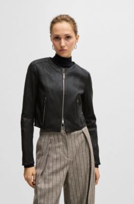 Collarless leather jacket in a slim fit, Black