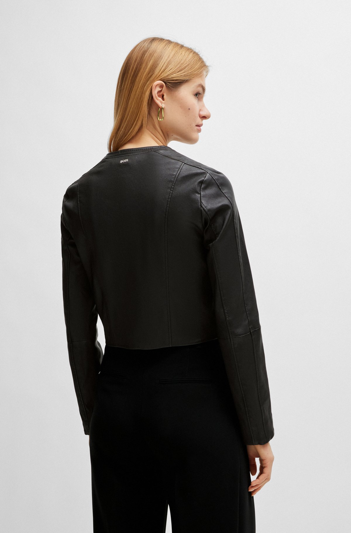 Collarless leather jacket in a slim fit, Black
