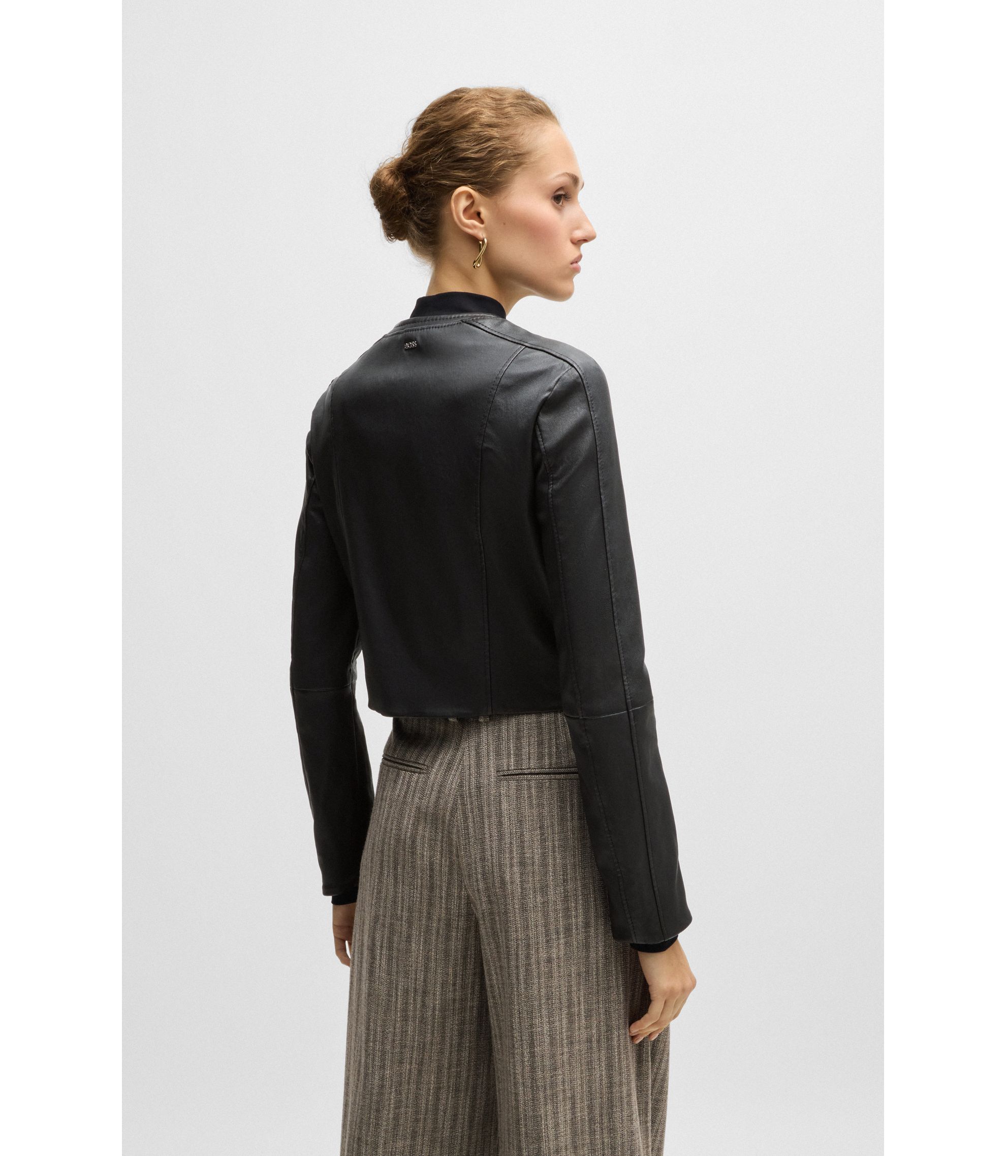 BOSS - ノーカラー レザージャケット スリムフィット - ブラック