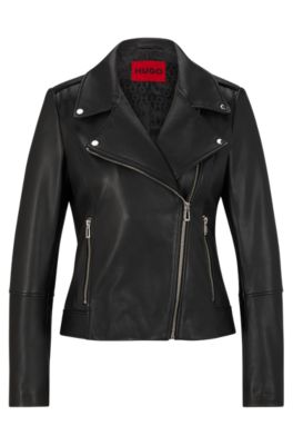 HUGO - Leather biker jacket with monogram-motif lining