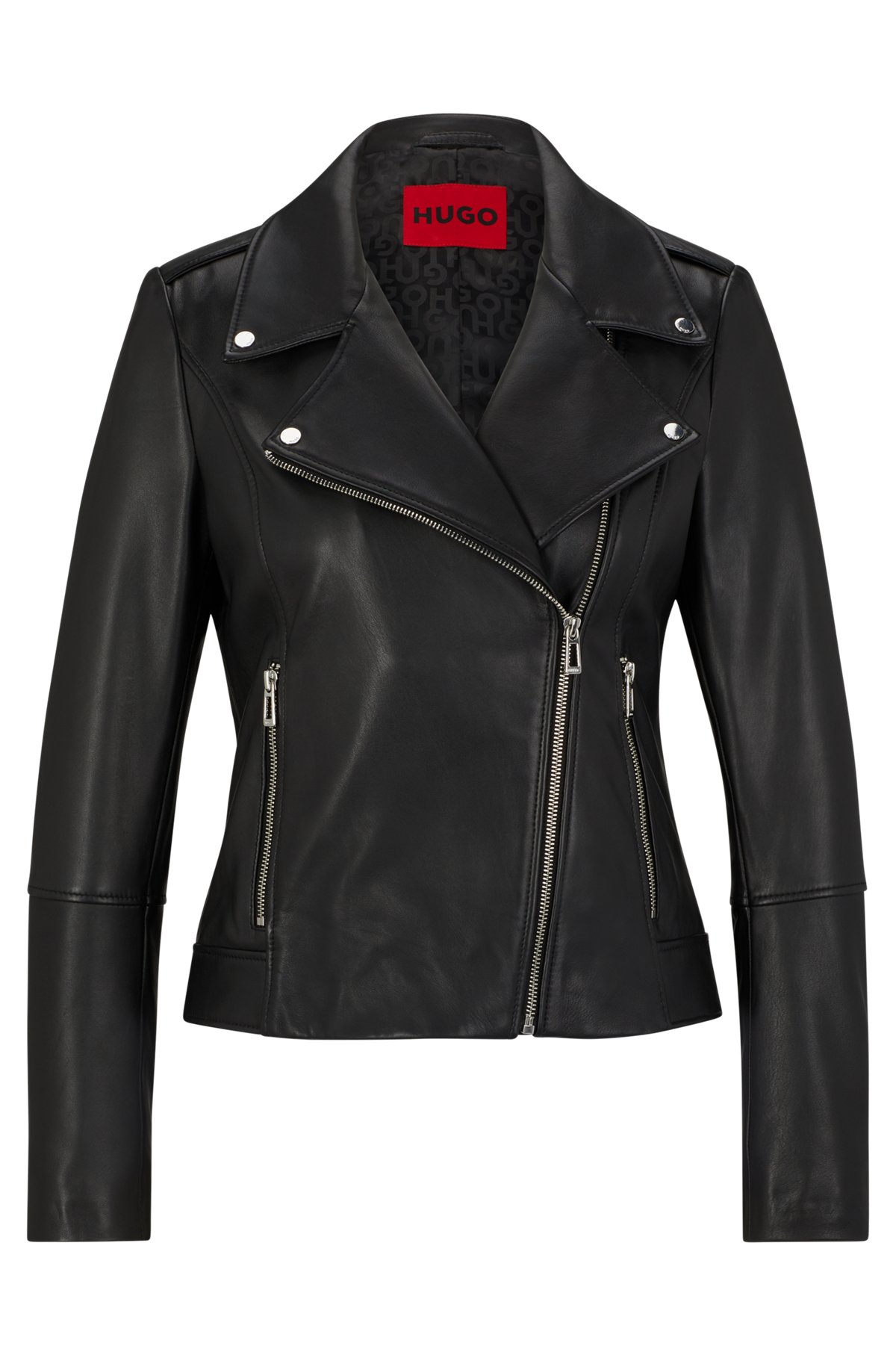 Oiled-leather jacket with asymmetric zip, Black