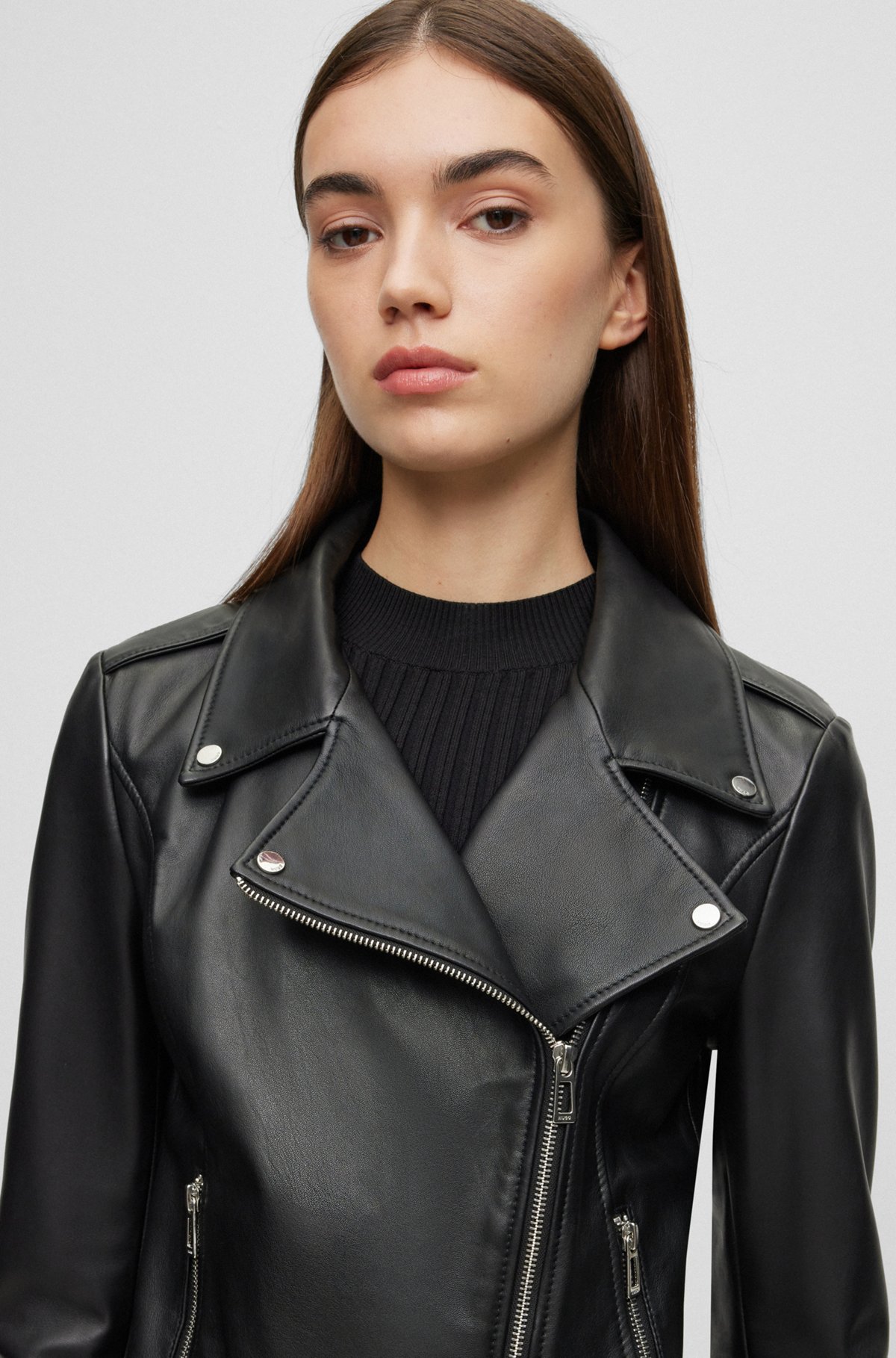 Oiled-leather jacket with asymmetric zip, Black