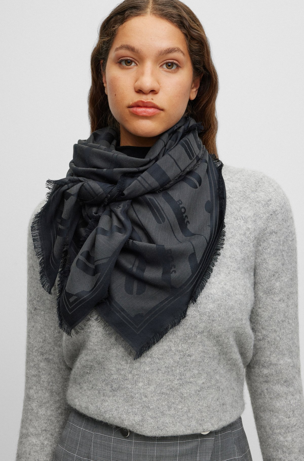 Square scarf in modal and wool with signature jacquard, Black