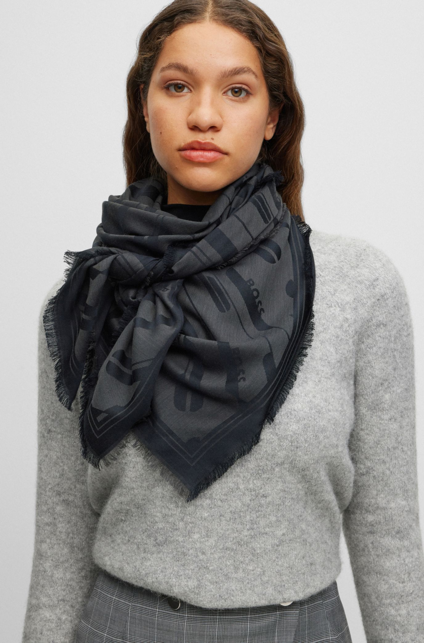 BOSS - Square scarf in modal and wool with signature jacquard