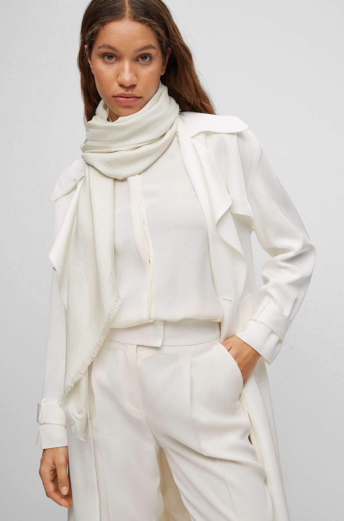 Square scarf in modal and wool with signature jacquard, White