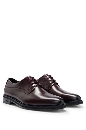 Polished-leather Derby shoes with branding, Dark Red