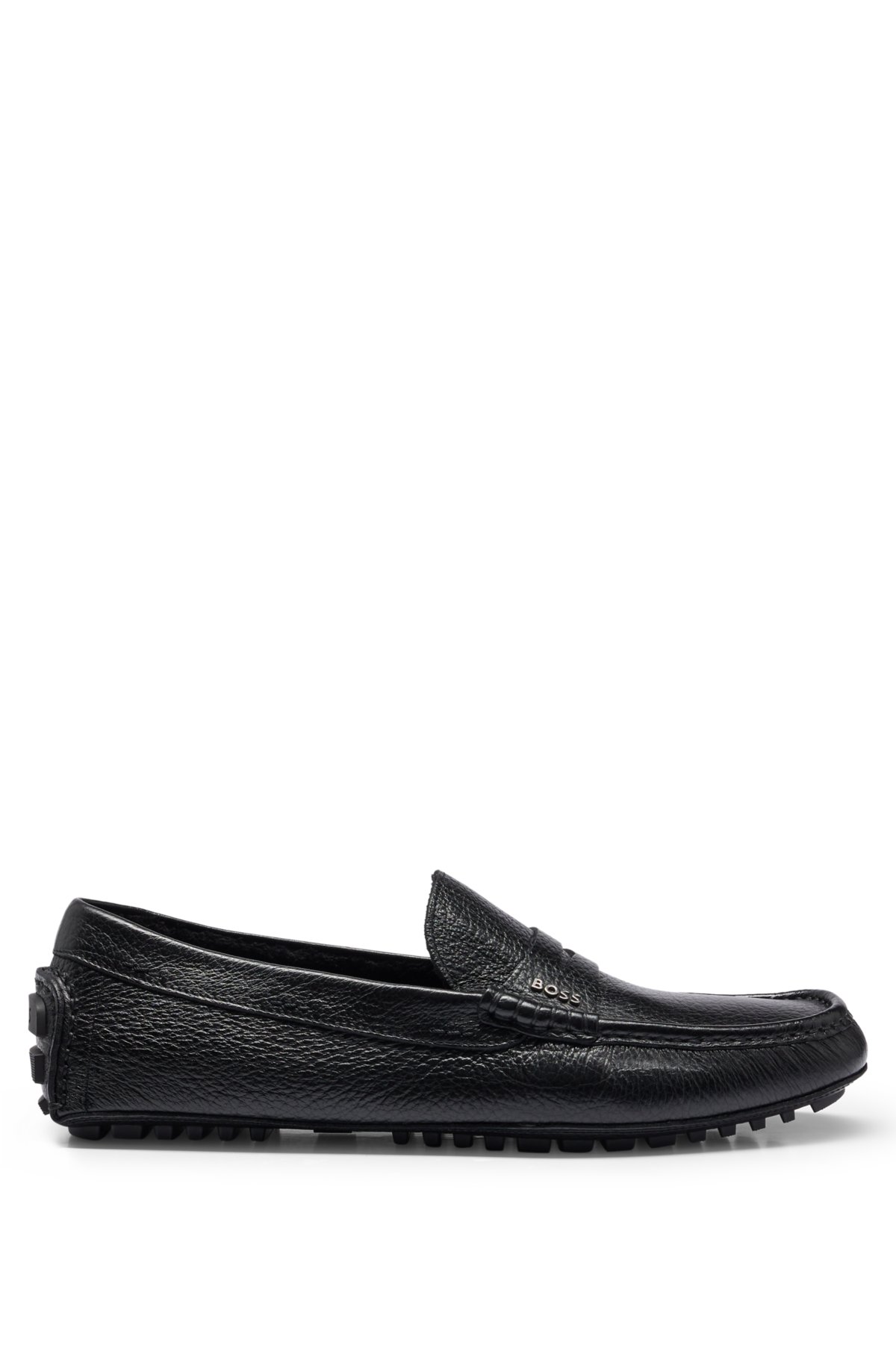 BOSS - Italian-made moccasins in grained leather with logo trim