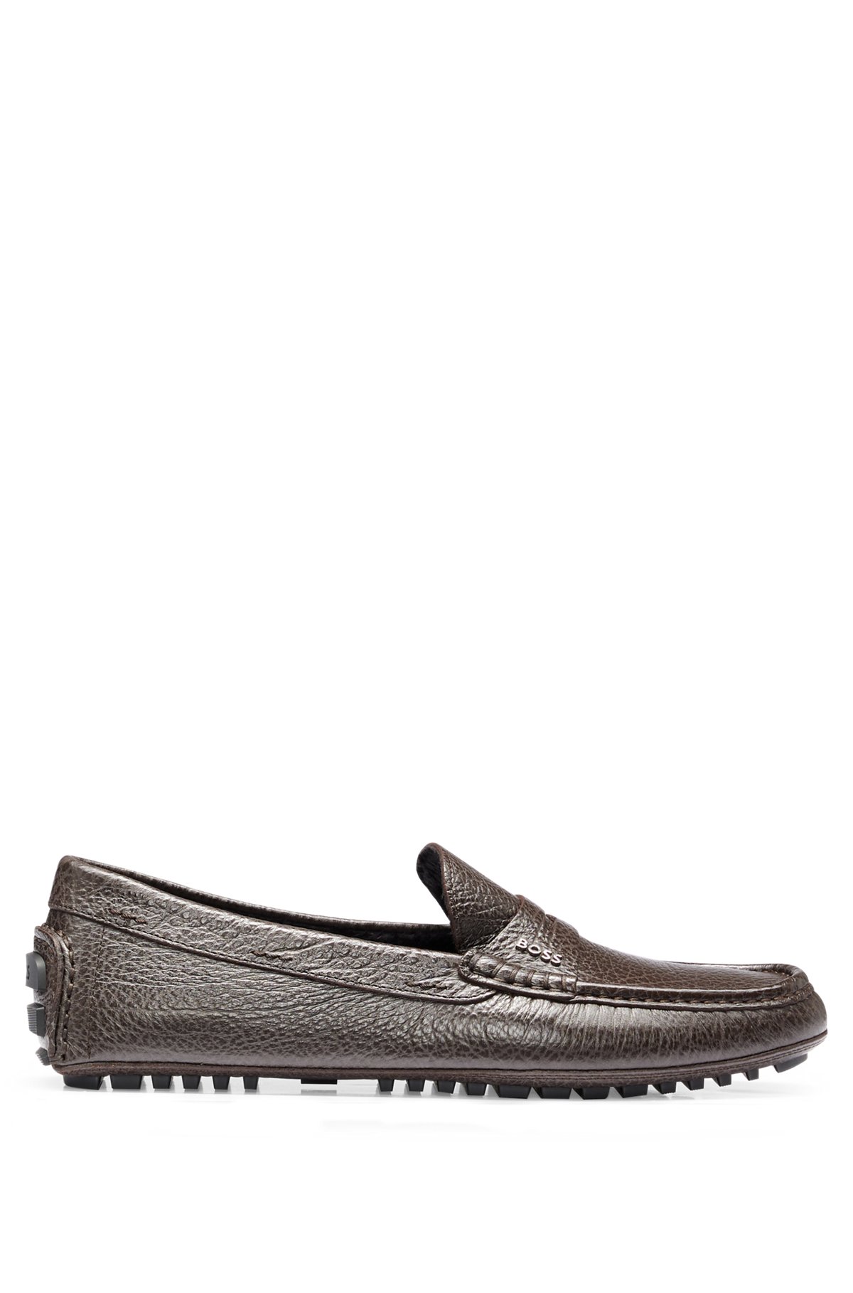 Italian-made moccasins in grained leather with logo trim, Dark Brown
