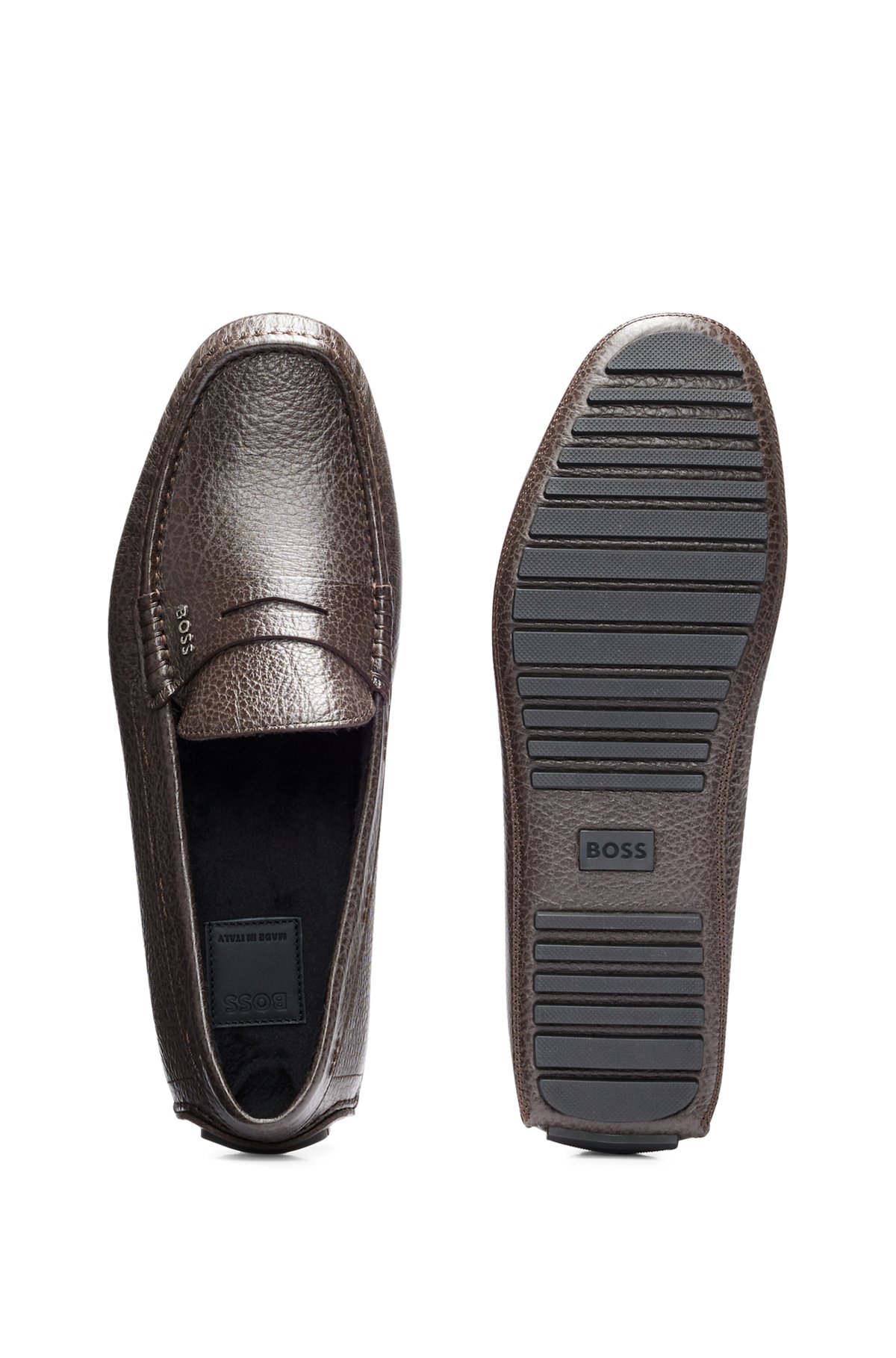 Italian-made moccasins in grained leather with logo trim, Dark Brown