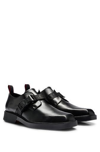 Nappa-leather monk shoes with branded clip-buckle strap, Black