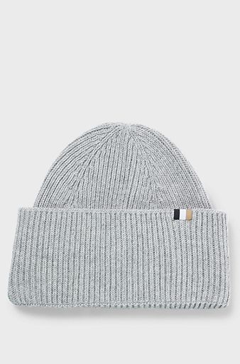 Ribbed beanie hat with signature-stripe trim, Light Grey