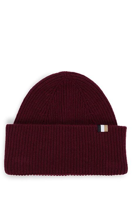 Ribbed beanie hat with signature-stripe flag, Dark Red