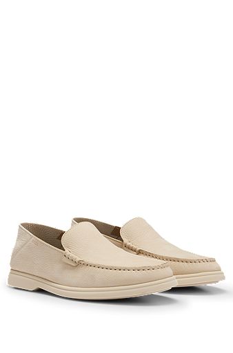 Nubuck moccasins with embossed logo and apron toe, Beige