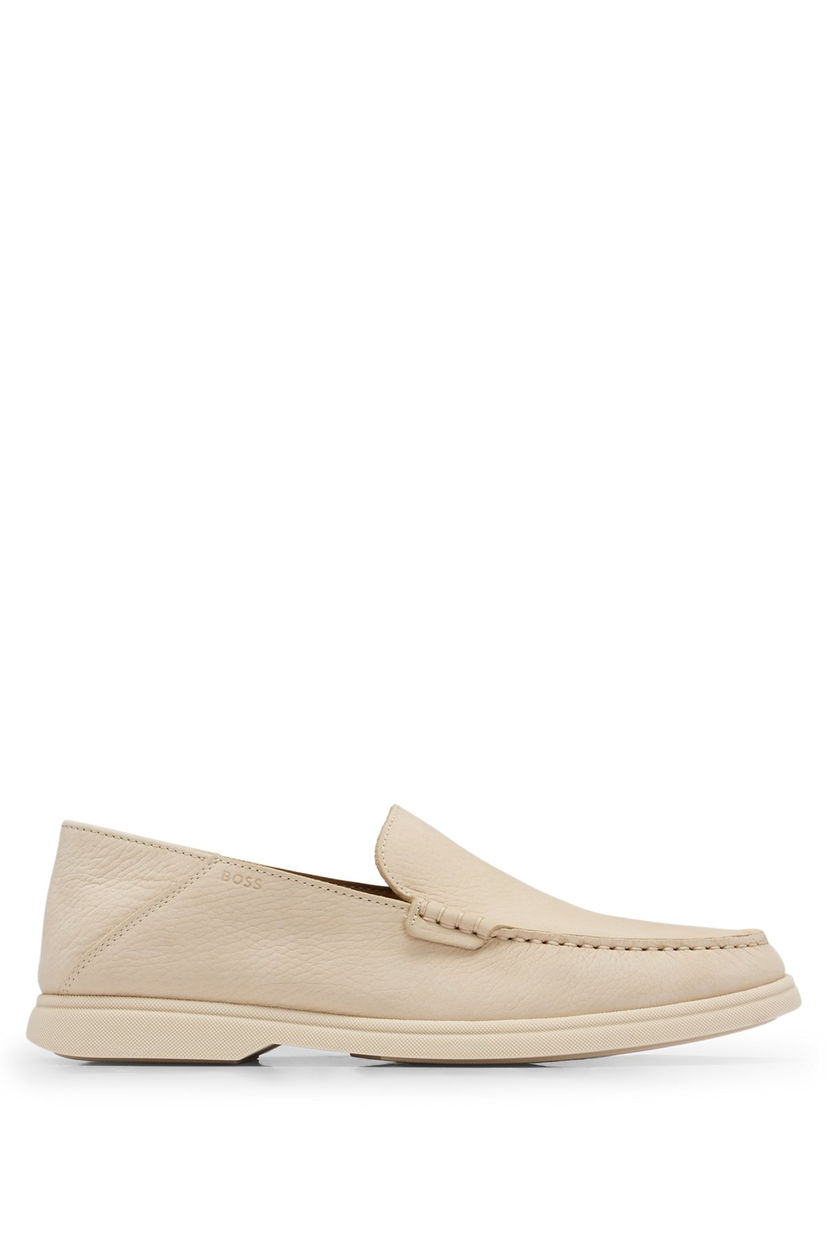 Nubuck moccasins with embossed logo and apron toe, Beige