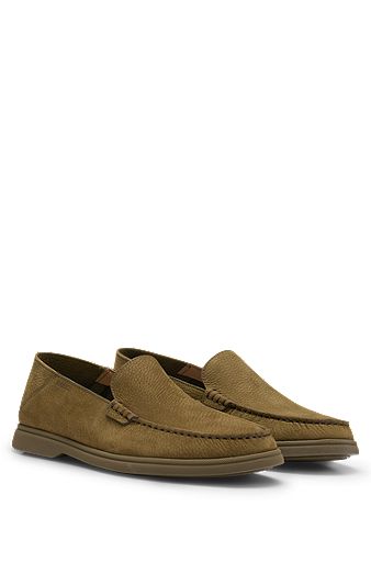 Nubuck moccasins with embossed logo and apron toe, Dark Green
