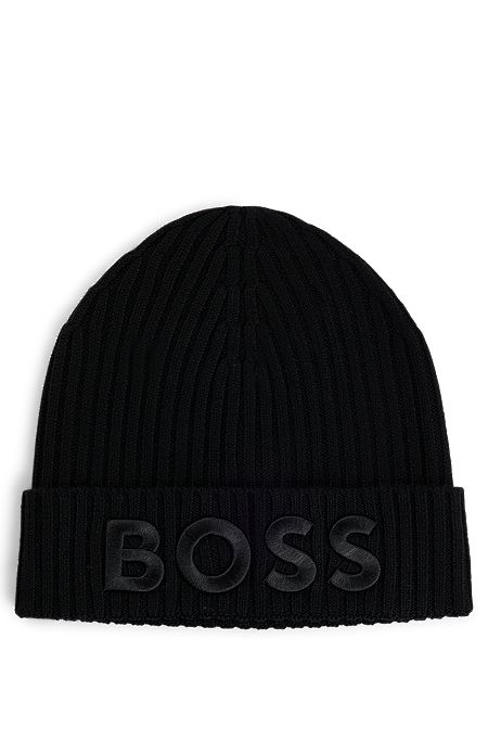 Logo-embroidered rib-knit beanie hat in virgin wool, Black