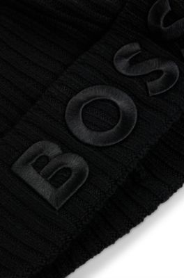 Virgin-wool beanie hat with embroidered logo, Black