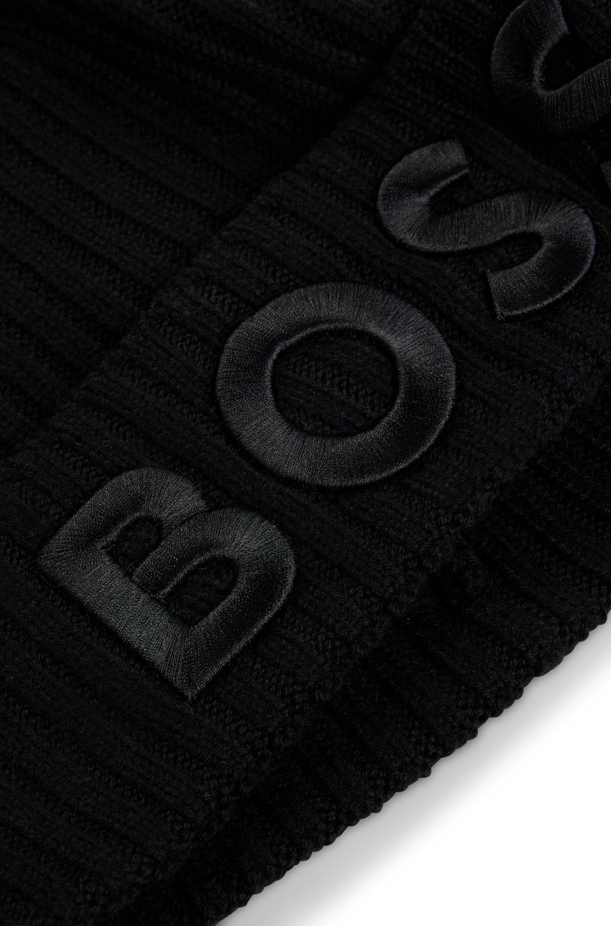 Logo-embroidered rib-knit beanie hat in virgin wool, Black