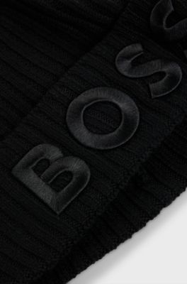 Virgin-wool beanie hat with embroidered logo, Black