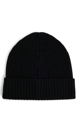 Virgin-wool beanie hat with embroidered logo, Black