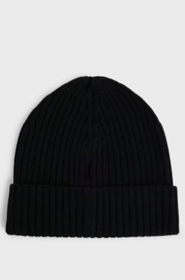 Virgin-wool beanie hat with embroidered logo, Black