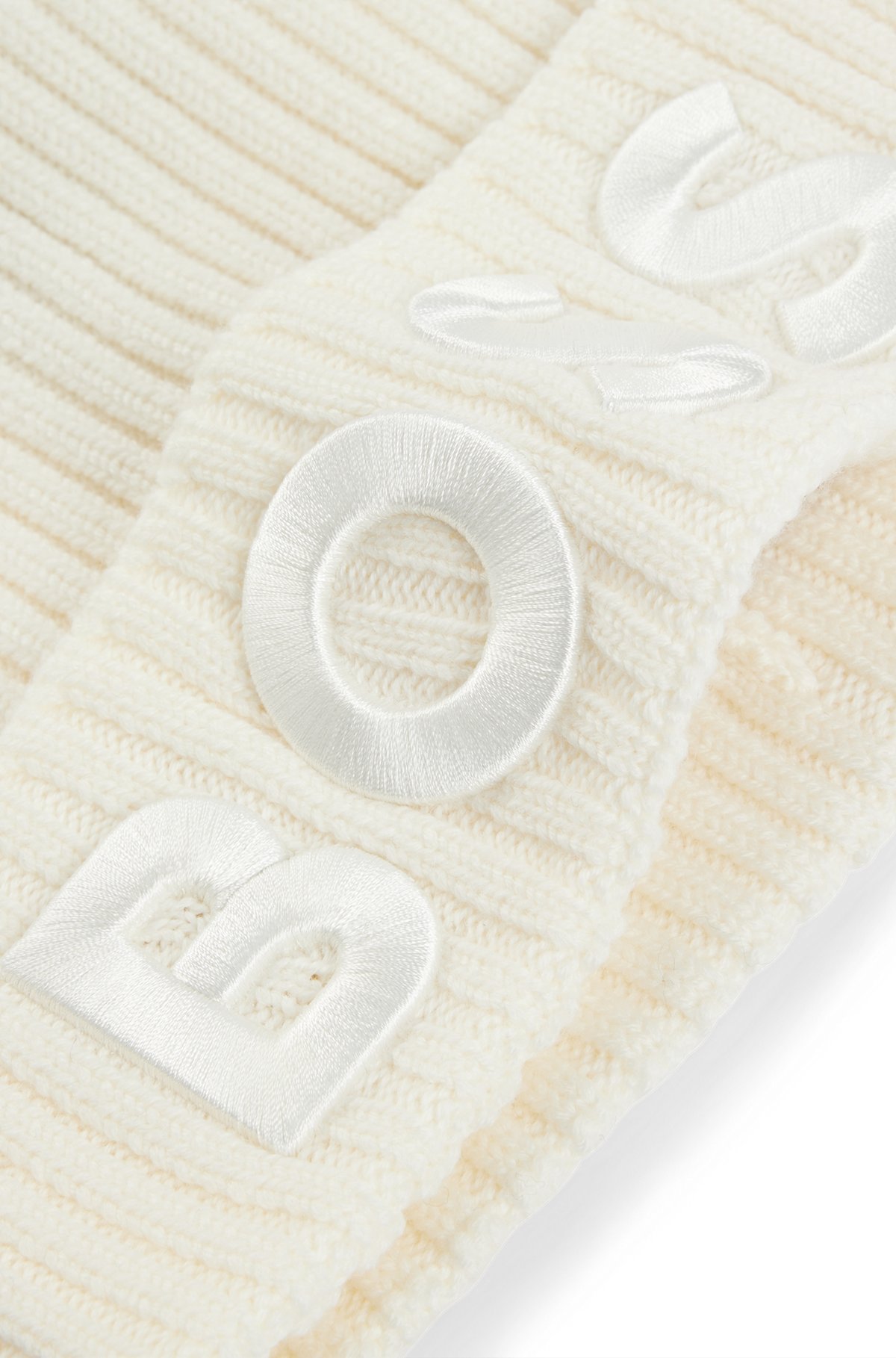 Logo-embroidered rib-knit beanie hat in virgin wool, White