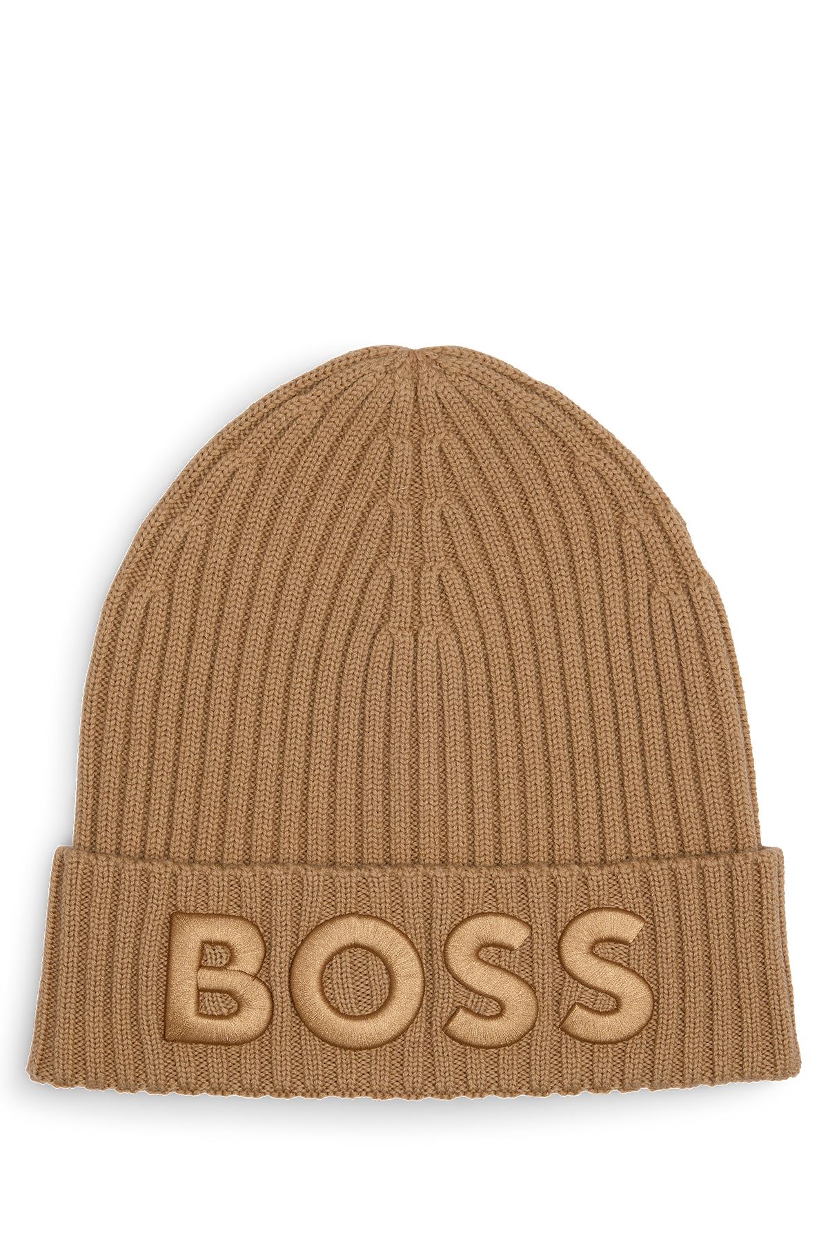 Logo-embroidered rib-knit beanie hat in virgin wool, Beige
