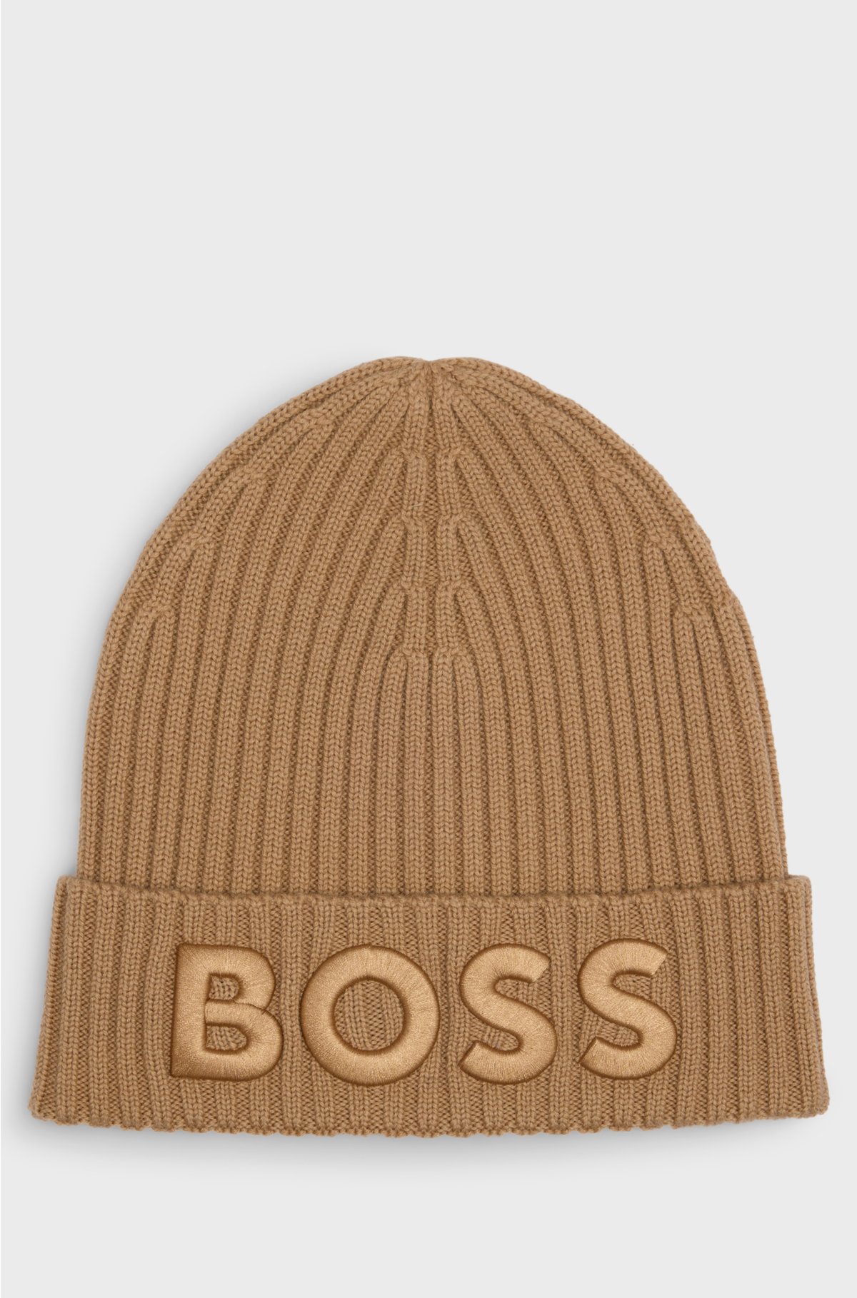 Virgin-wool beanie hat with embroidered logo, Beige
