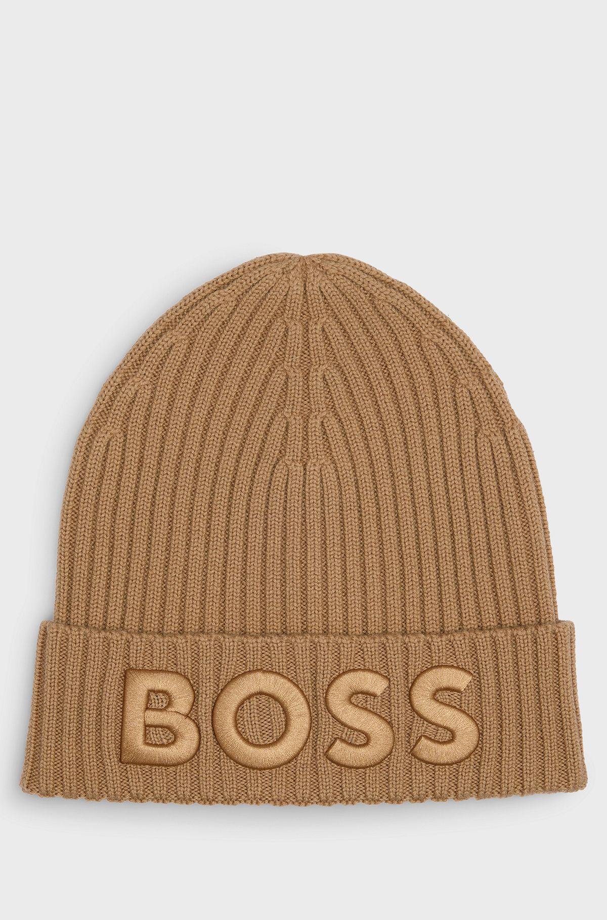 Virgin-wool beanie hat with embroidered logo, Beige