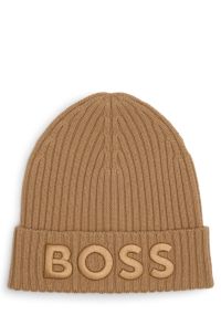 Virgin-wool beanie hat with embroidered logo, Beige