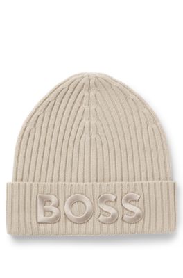 Virgin-wool beanie hat with embroidered logo, Light Beige