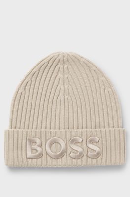 Virgin-wool beanie hat with embroidered logo, Light Beige