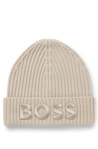 Virgin-wool beanie hat with embroidered logo, Light Beige