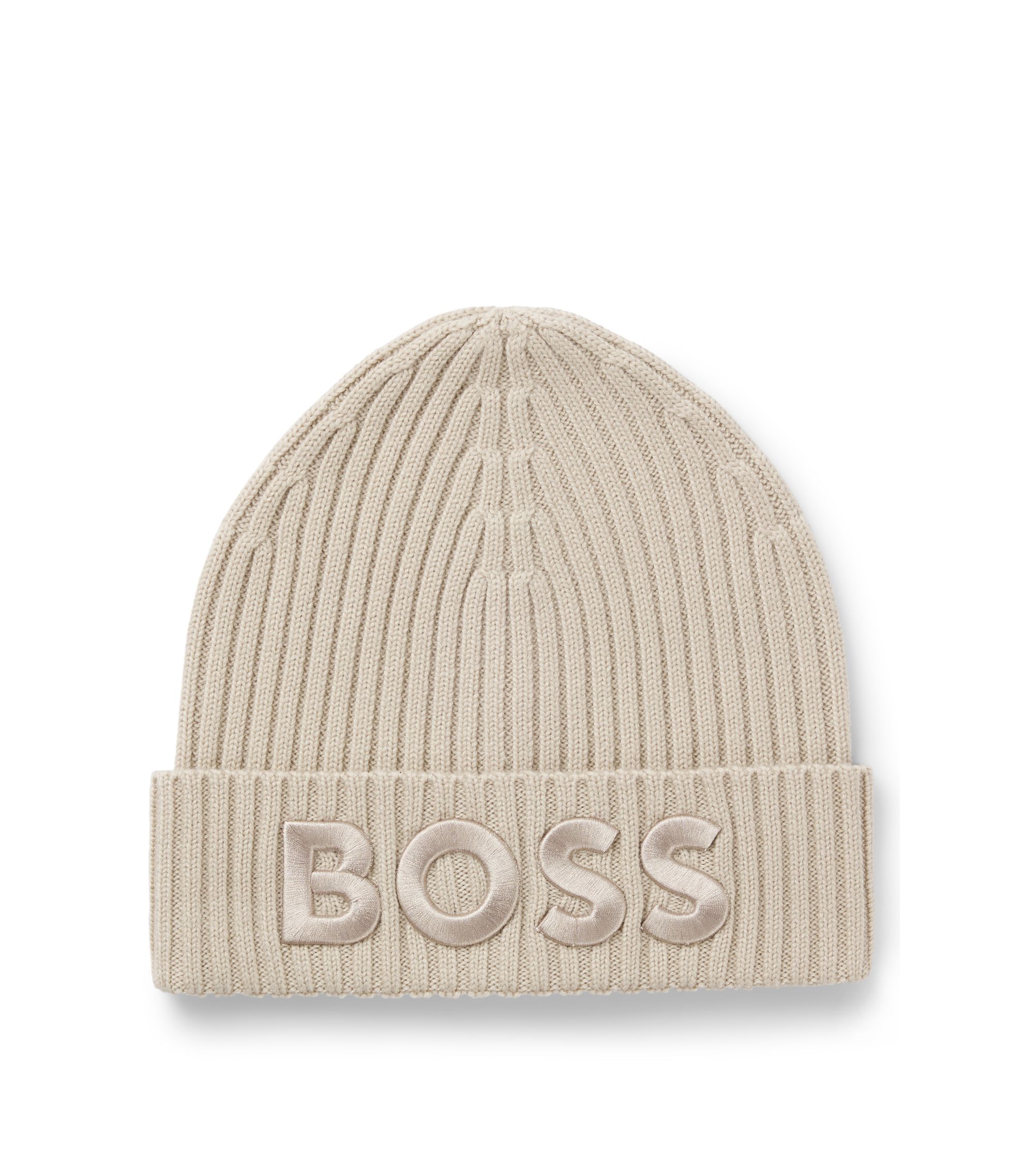 BOSS - Virgin-wool beanie hat with embroidered logo - Light Beige