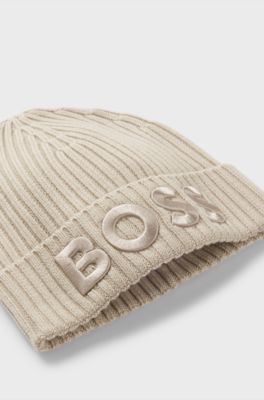 Virgin-wool beanie hat with embroidered logo, Light Beige