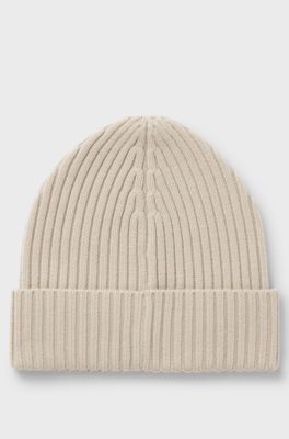 Virgin-wool beanie hat with embroidered logo, Light Beige
