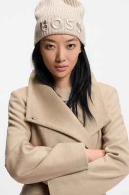 Virgin-wool beanie hat with embroidered logo, Light Beige