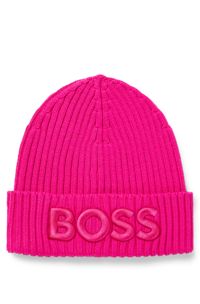 Logo-embroidered rib-knit beanie hat in virgin wool, Pink