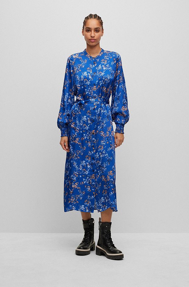 플로럴 프린트 릴랙스 핏 셔츠 드레스, 블루 패턴