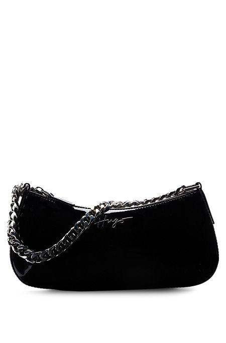 Branded hobo bag in faux patent leather, Black