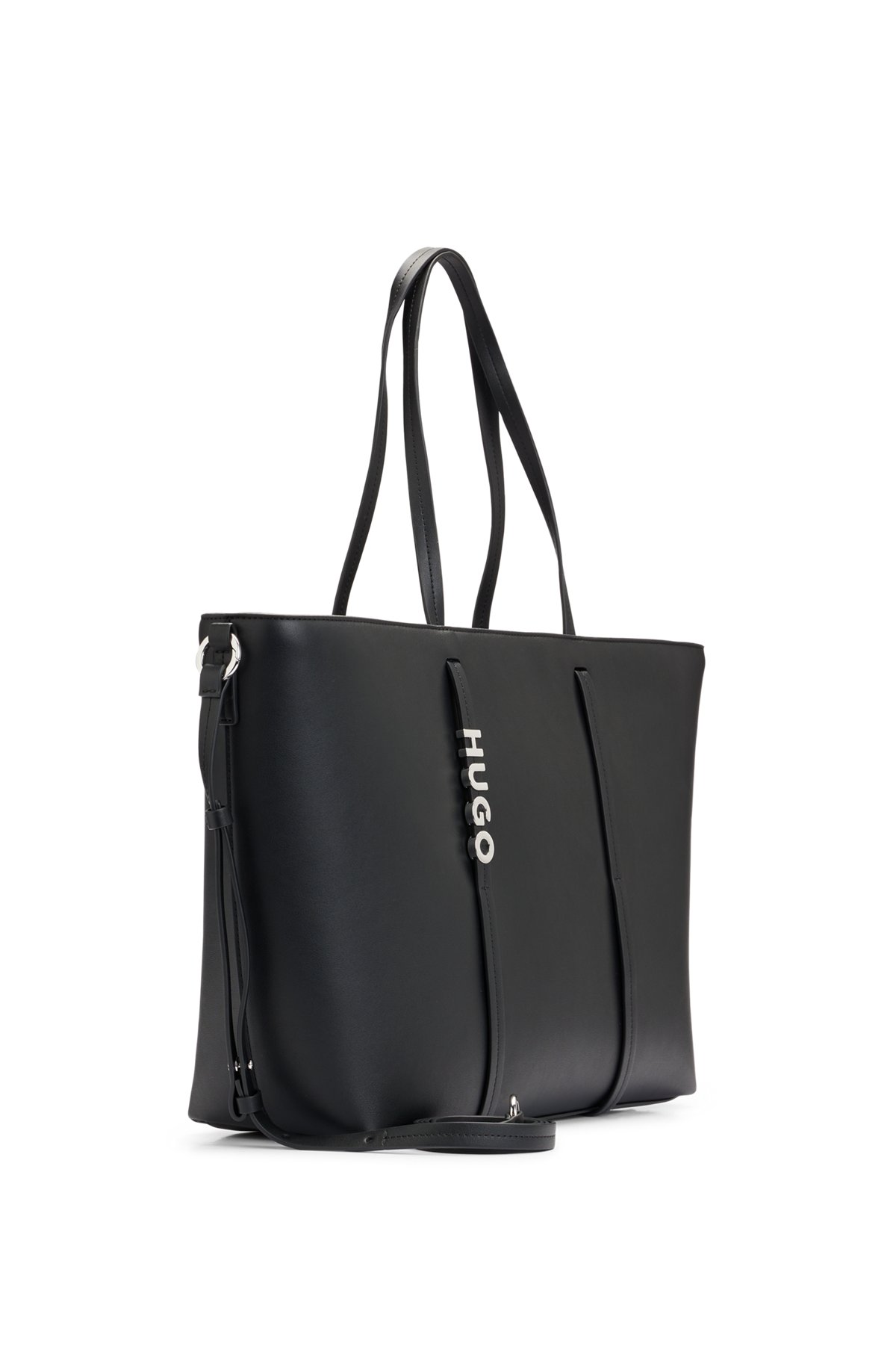 Shopper bag in faux leather with polished logo lettering, Black