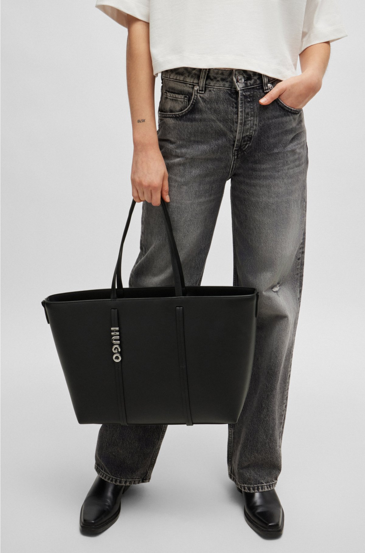 HUGO - Shopper bag logo polished leather lettering with faux in
