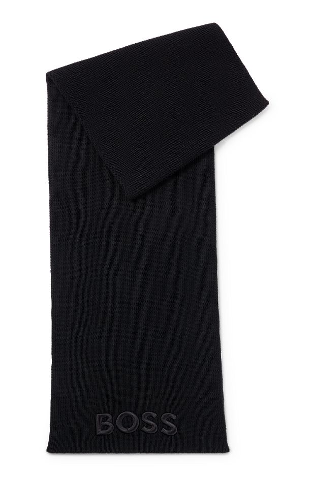 Geribde sjaal van scheerwol met ton-sur-ton logostiksel, Zwart