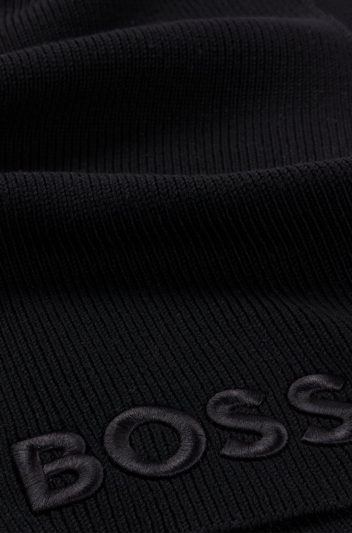Ribbed scarf in virgin wool with tonal embroidered logo, Black