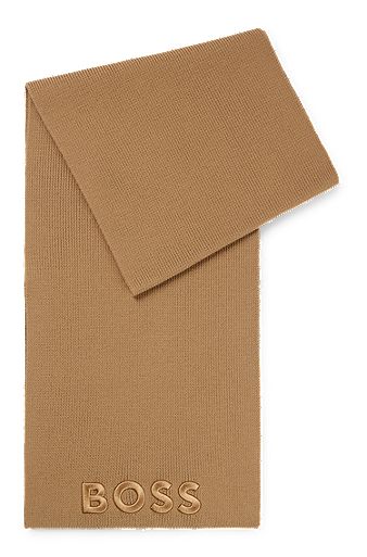Ribbed scarf in virgin wool with tonal embroidered logo, Light Brown