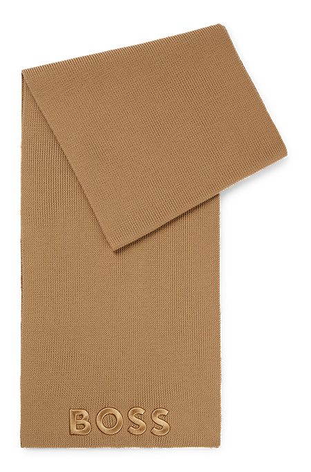 Ribbed scarf in virgin wool with tonal embroidered logo, Light Brown