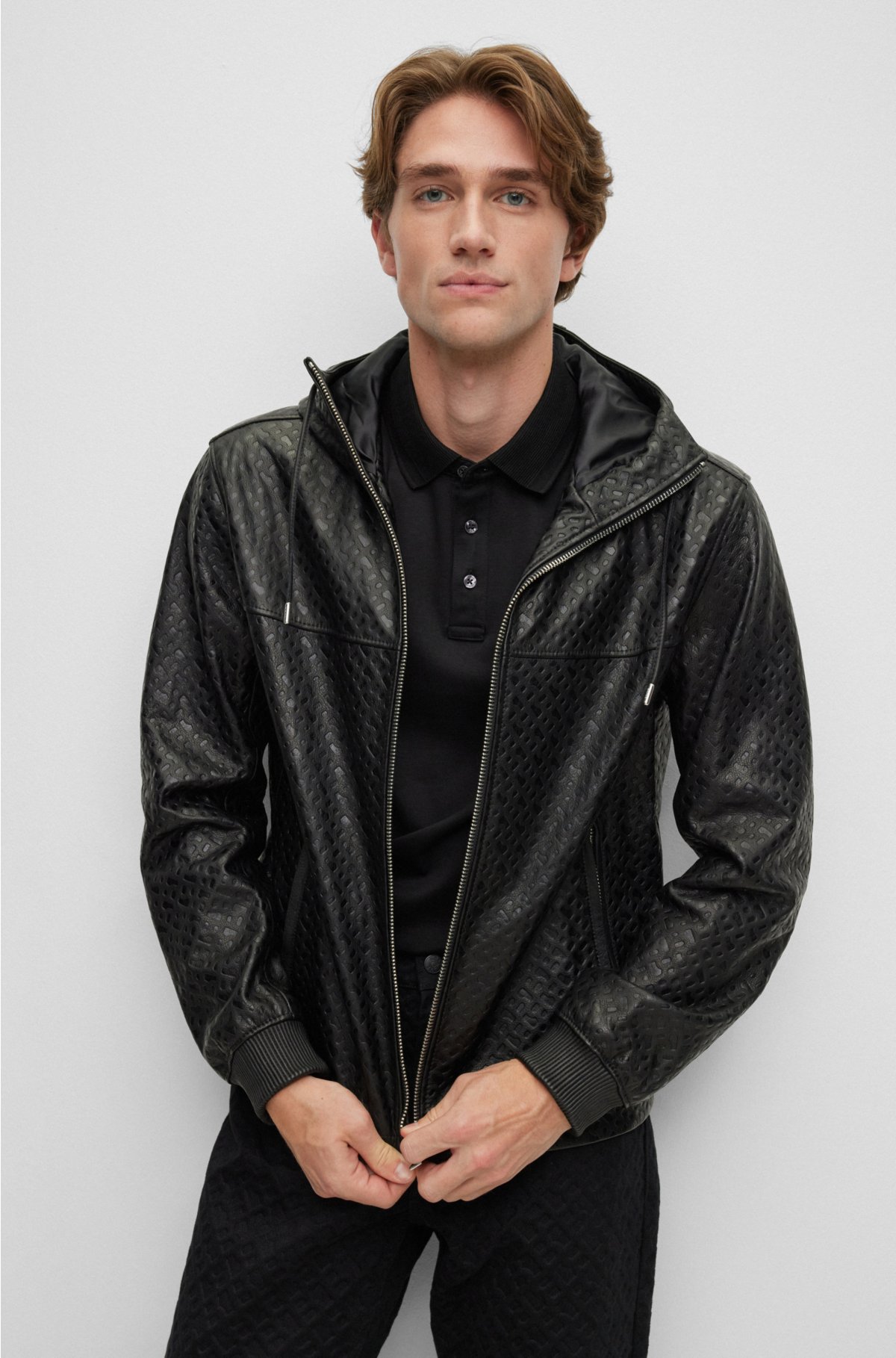Hugo Boss Monogram-Embossed Hooded Leather Jacket